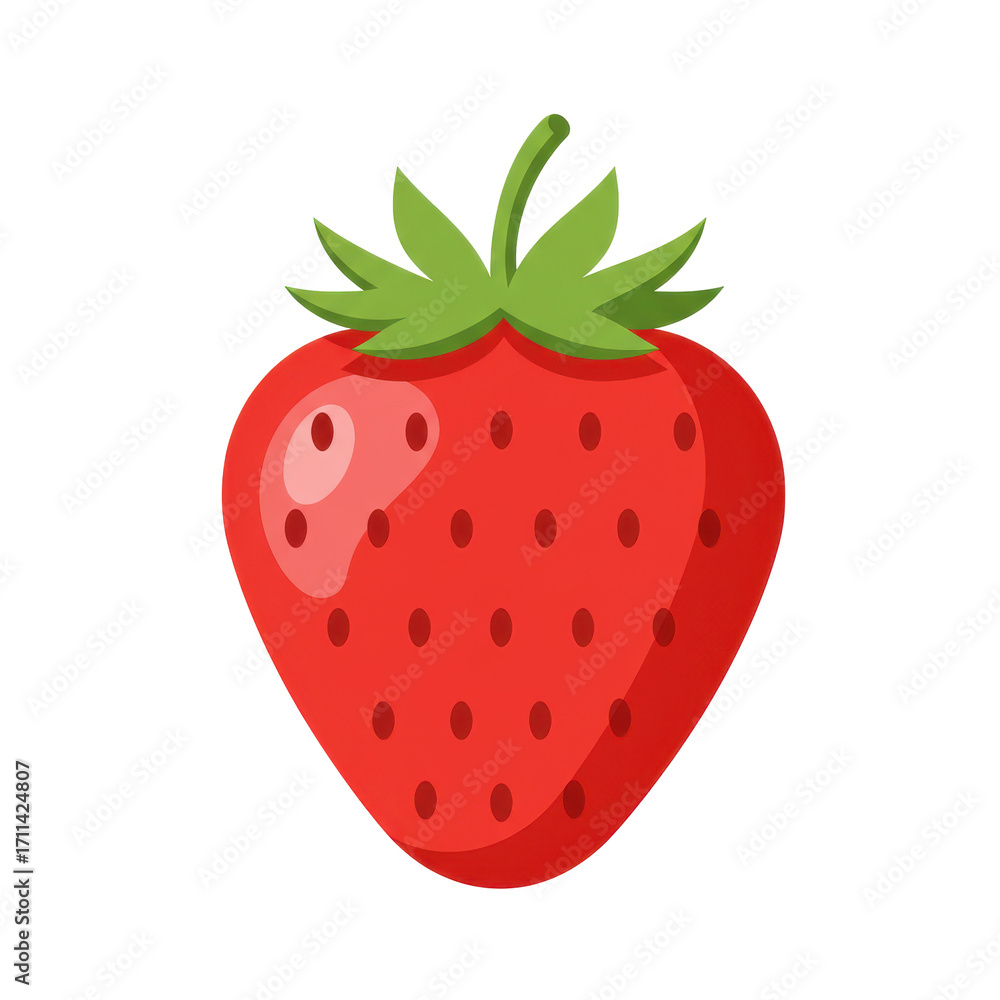 Fototapeta premium Vibrant red strawberry with green leaves illustration isolated on white background