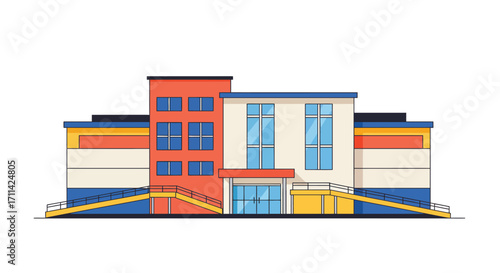 Stylized flat vector illustration of a modern rehabilitation center building