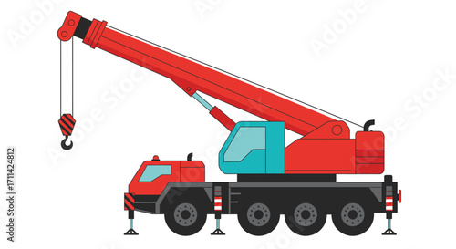 Vibrant red mobile crane illustration against a clean white background