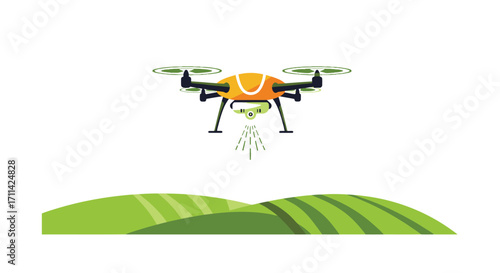 Vibrant flat vector illustration of a smart farming drone over green fields