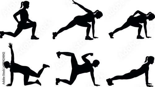 Silhouette fitness poses diverse workout moves capturing active lifestyles and healthy habits silhouette