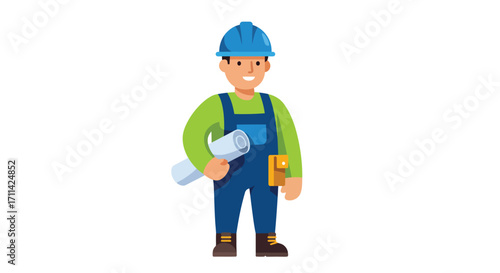 Cheerful construction worker with blueprint, vector illustration with a bright design