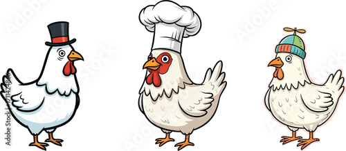Cartoon chicken wearing hat, funny farm animal, stylish bird, chef chicken, top hat, children's illustration, vector art