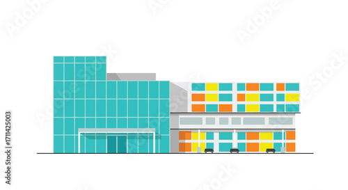 Modern hospital building illustration with glass facade and patient rooms