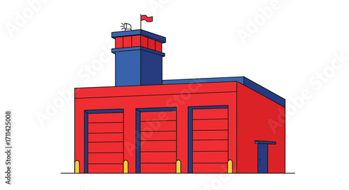 Stylized Flat Vector Illustration of a Fire Station with a Garage and Tower
