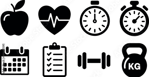 Set of eight black and white fitness and health icons representing healthy lifestyle silhouette