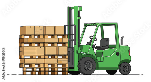 Vibrant green forklift lifting cardboard boxes on stacked pallets design