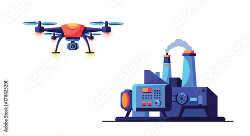 Drone inspection of a factory stylized vector illustration isolated