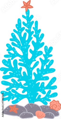 Coral Christmas tree on stone reef with marine life for decoration on Christmas holiday and Christmas on summer festival.