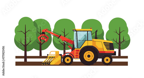 Stylized flat vector illustration of a fruit picking machine in an orchard