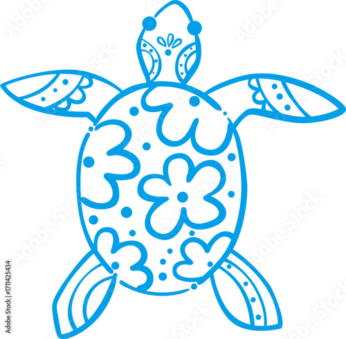 Sea turtle with flower and line doodle illustration for decoration on ocean and marine life.
