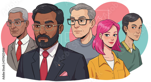 Diverse group of professional people in illustration style with confident look