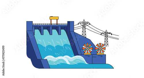 Stylized flat vector illustration of a vibrant hydroelectric dam, power generation
