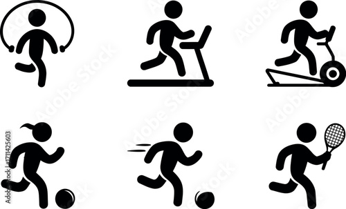 Six minimalist silhouette icons representing diverse fitness activities and sports silhouette