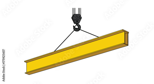 Construction industry vibrant steel beam lifted by a crane against white backdrop