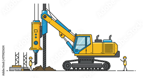 Stylized flat vector illustration of pile driver machine at site