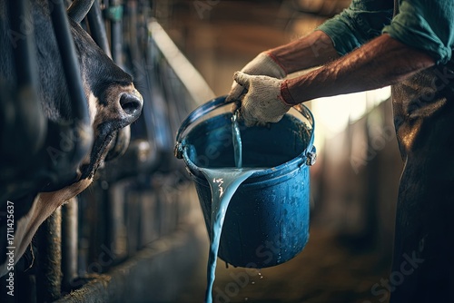 Wallpaper Mural A farmer pours milk from a blue bucket into a cow's mouth Torontodigital.ca