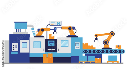 Automated industrial factory equipped with robotic arms and conveyor belt