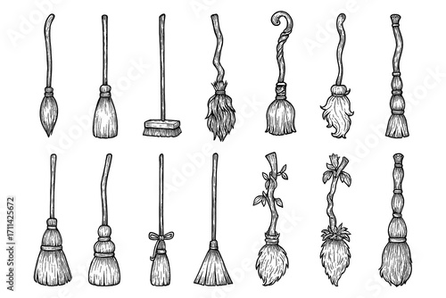 Tableau sur toile vintage witch broomstick collection with rustic wooden designs, Transparent Back