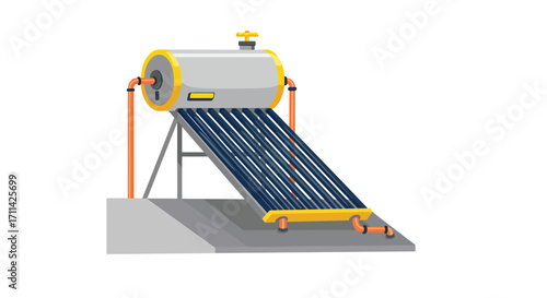Stylized Illustration of a Solar Water Heater System on Rooftop against White