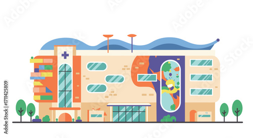 Stylized illustration of a modern children�s hospital with playful architecture