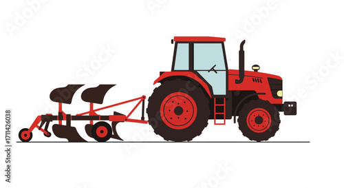 Flat vector illustration of a vibrant tractor pulling a plow on farmland