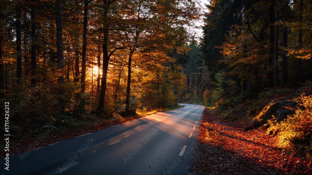 Obraz premium Road in autumn forest at sunset.