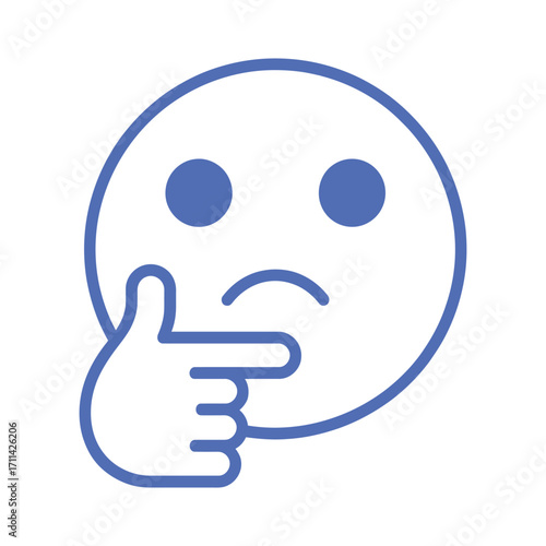 Blue line drawing of a thinking emoji with a finger to its chin contemplating a problem