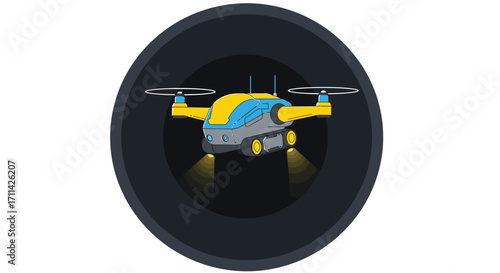 Vector illustration: Futuristic robotic drone inspecting confined spaces in dark pipe
