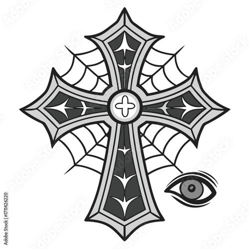 Gothic Cross with Spider Web and Eye Symbol on White Background Keywords: cross, gothic, spider web, eye, symbol, religion, death, mystery