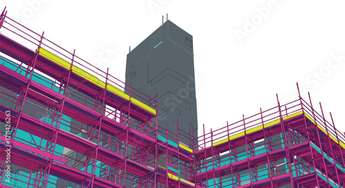 Stylized vibrant scaffolding encircling a highrise structure, construction illustration