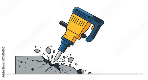 Stylized jackhammer breaking concrete, vector illustration with clean, white background