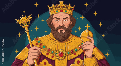 Majestic king illustration with royal regalia and starry backdrop