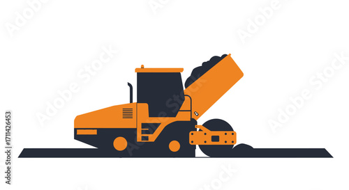 Vibrant asphalt paver laying down a new road in stylized flat vector illustration