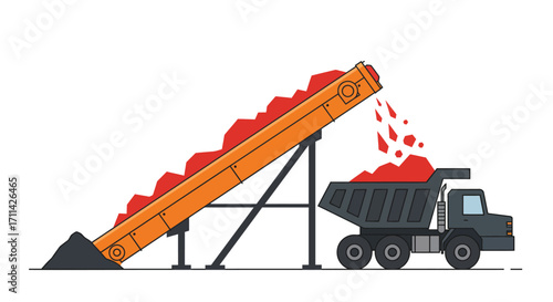 Stylized vector artwork shows ore chute loading dump truck isolated on white