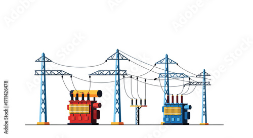 Stylized flat vector illustration of a power substation and electrical grid