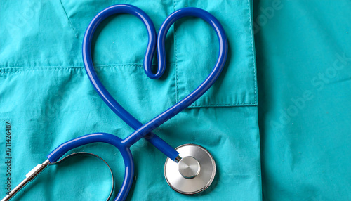 Caring heart symbol formed by stethoscope on teal medical scrubs conveys compassion and health awareness