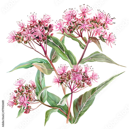 Spotted JoePye Weed Flowers with Green Leaves on Transparent Background