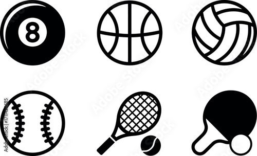 Collection of six classic black and white sports icons for digital and print use silhouette