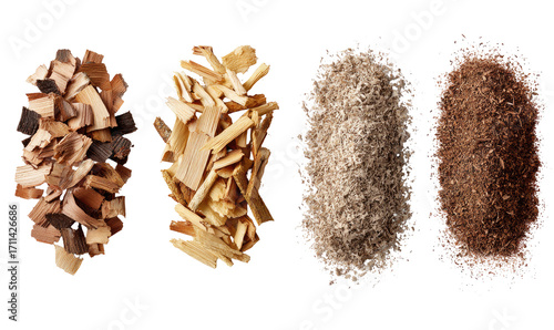 Wood chips and sawdust in various stages of processing