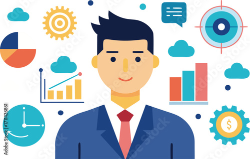 Business Marketing illustrations. Business people office life, A person analyzing data on dual monitors in a modern office setting, 