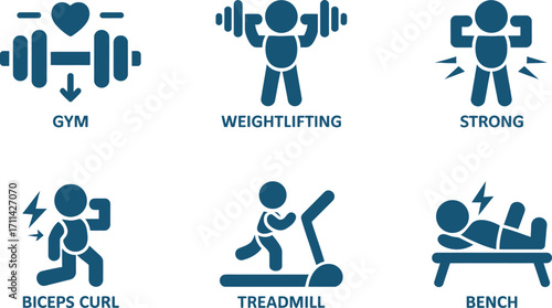 Set of six minimalist fitness icons representing gym weights strength cardio and bench exercises silhouette