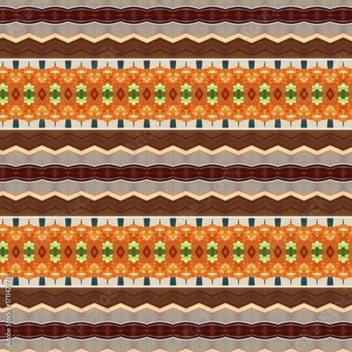 Colorful abstract geometric pattern with zigzag stripes and symmetrical designs. Perfect for backgrounds, textiles, or creative digital art projects.