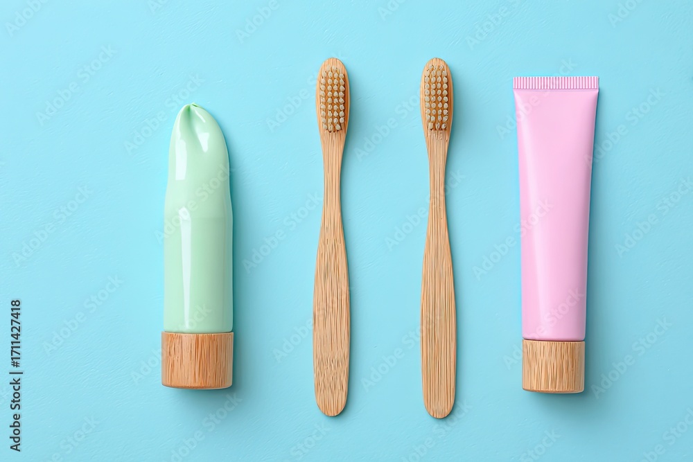 Obraz premium Toothbrush and toothpaste on a light blue background