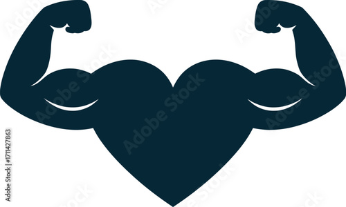 Stylized icon of a heart symbol embracing muscular biceps flexing for strength and health concepts silhouette