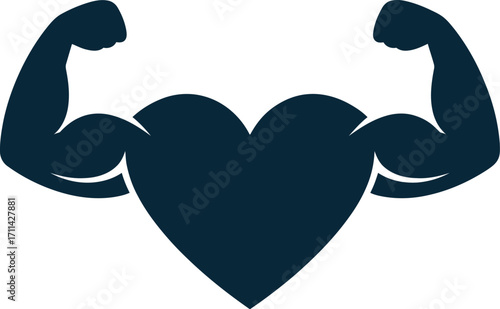 Stylized heart icon with flexing bicep muscles symbolizing health strength and fitness silhouette