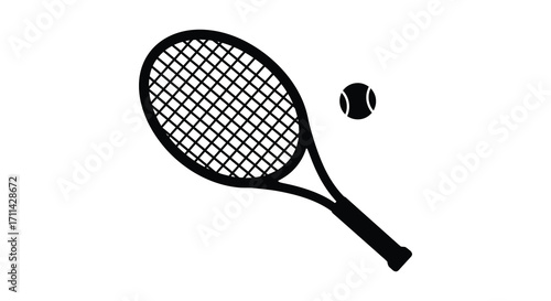 Simple black and white illustration of a tennis racket and ball