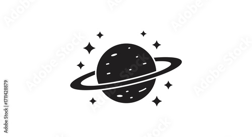 A stylized black and white illustration of a planet with a ring