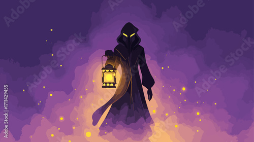Mysterious figure with lantern in smoky night