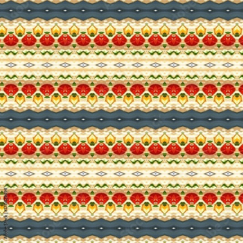 Colorful repeating food-inspired pattern with red, golden, green, background, and decorative elements creating a lively abstract textile design.